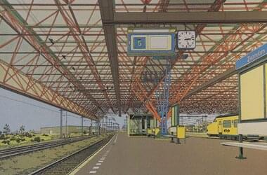 Dibujo de una estación de ferrocarril en los Países Bajos