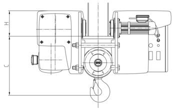 Ficha técnica de los polipastos eléctricos de cable ABUS GM, con modelos, capacidades de carga y dimensiones.