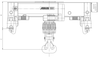 Ficha técnica de los polipastos eléctricos de cable ABUS GM para grúas de dos vigas con gran capacidad de carga y dimensiones elevadas.