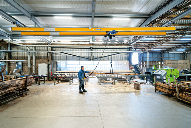 Grúa de dos vigas ABUS ZHB-I en una nave industrial, con una capacidad de carga de hasta 2 toneladas y una luz de hasta 12 metros.