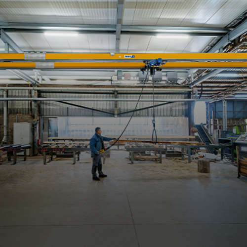 Grúa de dos vigas ABUS ZHB-I en una nave industrial, con una capacidad de carga de hasta 2 toneladas y una luz de hasta 12 metros.