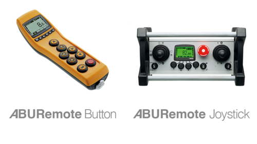 Ilustración del transmisor de mano ABURemote Button y del transmisor del interruptor principal ABURemote Joystick